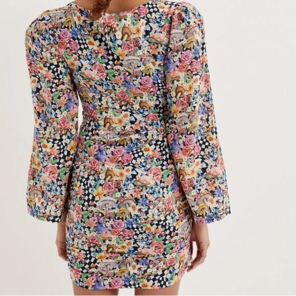 For Love & Lemons Womens June Bell Sleeve Black Checkerboard Mushroom Mini Dress - Picture 7 of 14